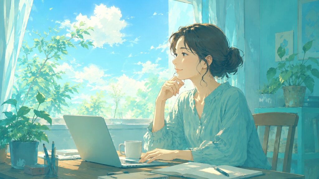 窓辺でパソコンを前に副業について考える女性