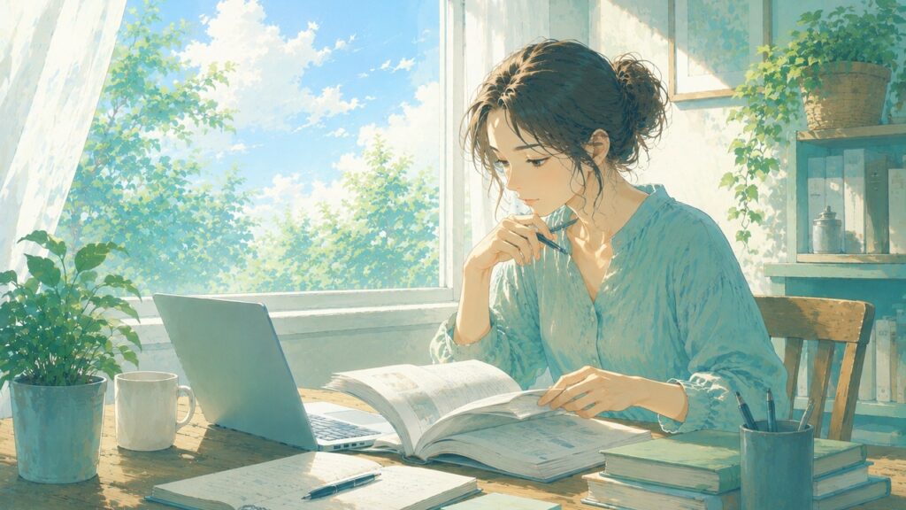 在宅で副業について本を開きながら学んでいる女性