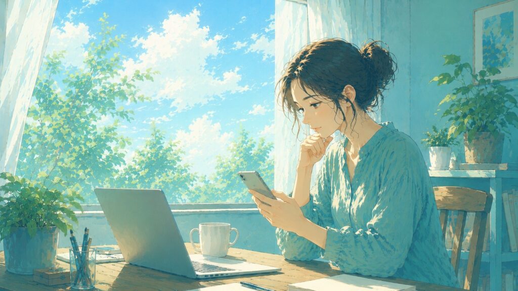 スマホで副業の情報を調べる女性