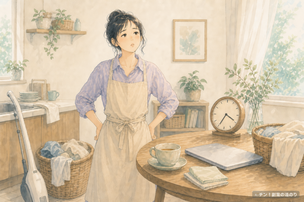 家事に囲まれながら在宅副業に使える時間を考える主婦
