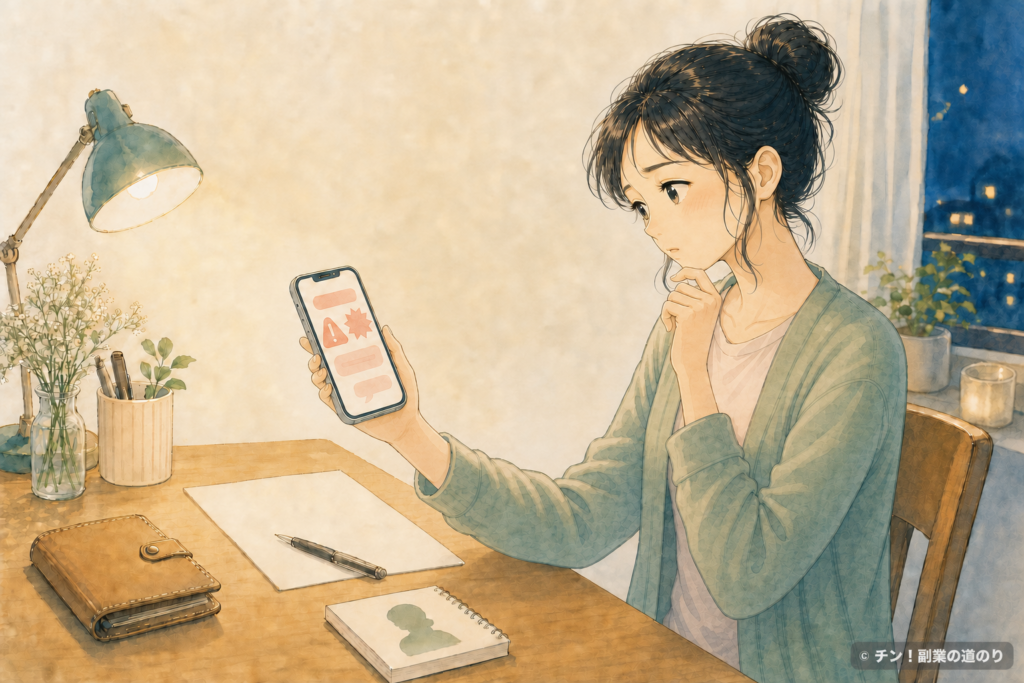 スマホの副業勧誘に違和感を覚えて立ち止まる女性
