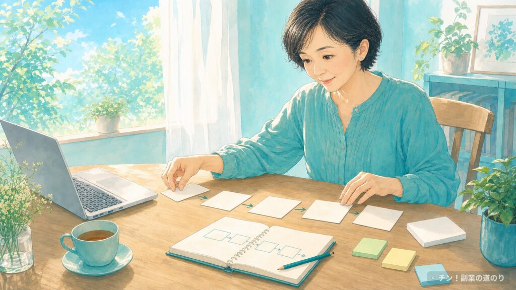 ブログの設計図をカードとノートで整理する60代女性
