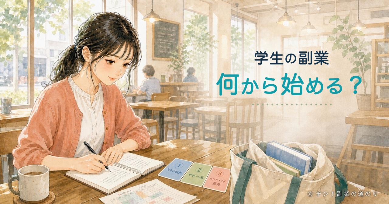 大学近くのカフェで、学生が副業の3つの入口と最初の7日間を考えているイラスト