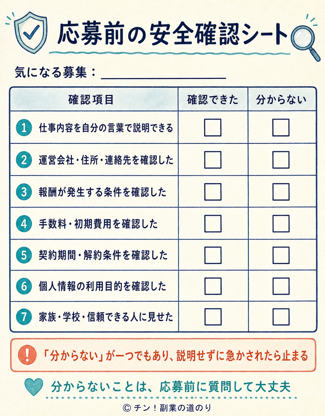 仕事内容、運営会社、報酬条件、初期費用、契約条件、個人情報、第三者への相談を確認する応募前の安全確認シート