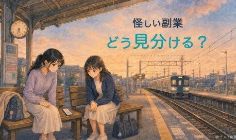 夕暮れの駅のホームで、学生2人が副業の募集画面を一緒に確認しているイラスト