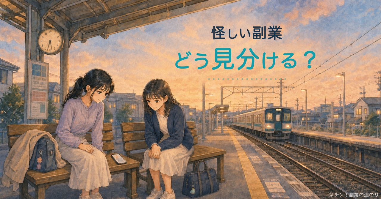 夕暮れの駅のホームで、学生2人が副業の募集画面を一緒に確認しているイラスト